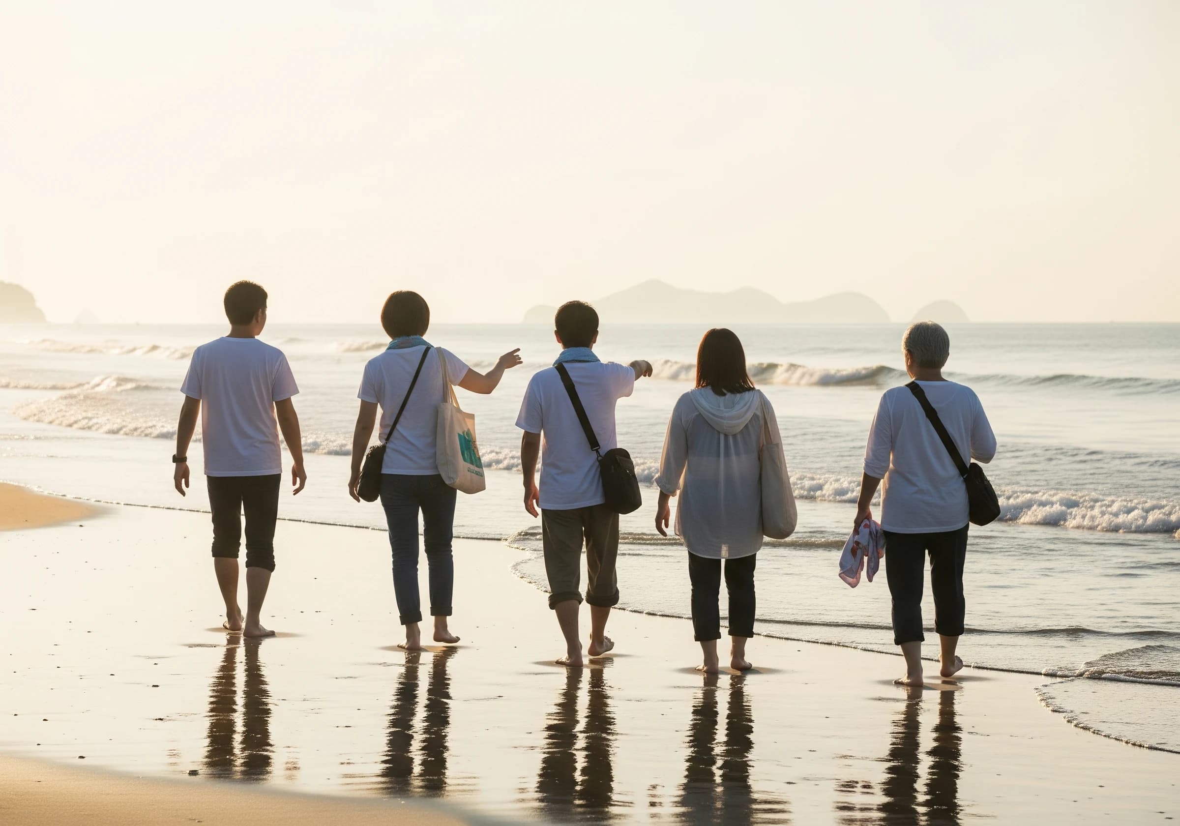 海辺を歩く人々