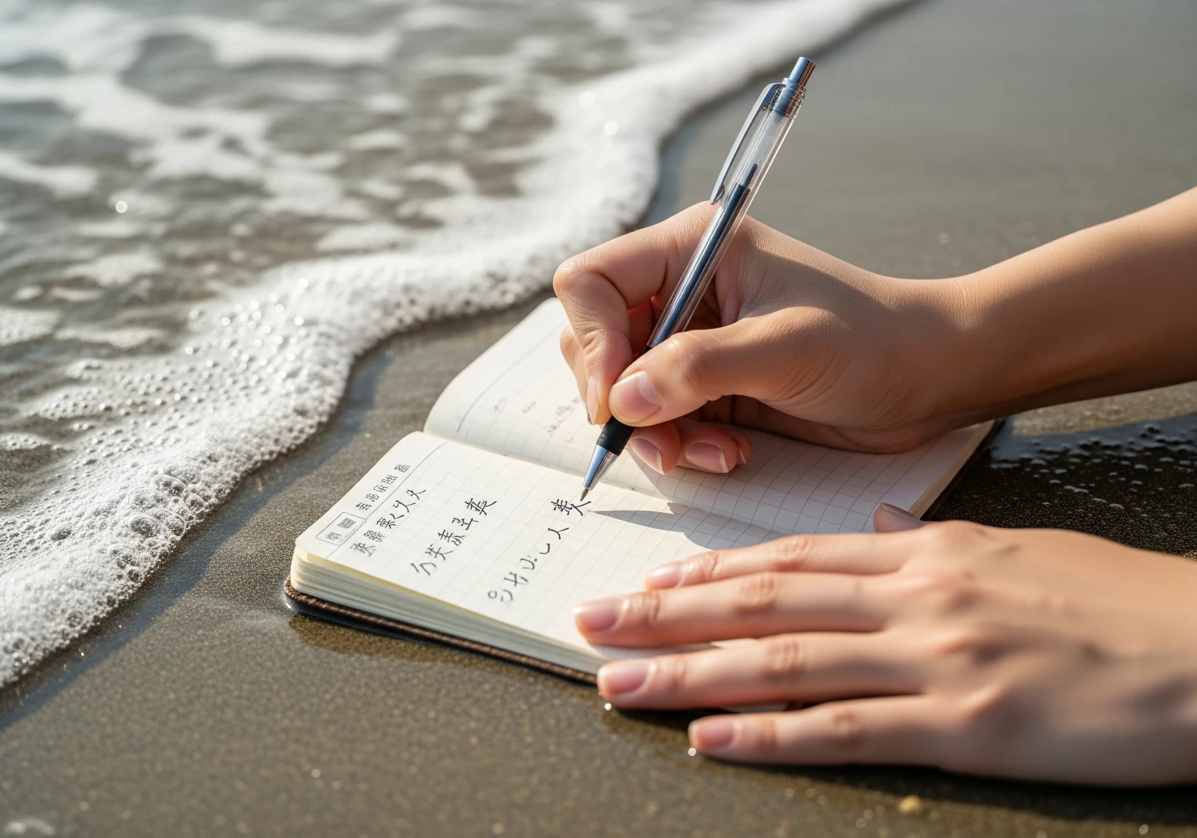 砂浜で手帳に書き留める手元