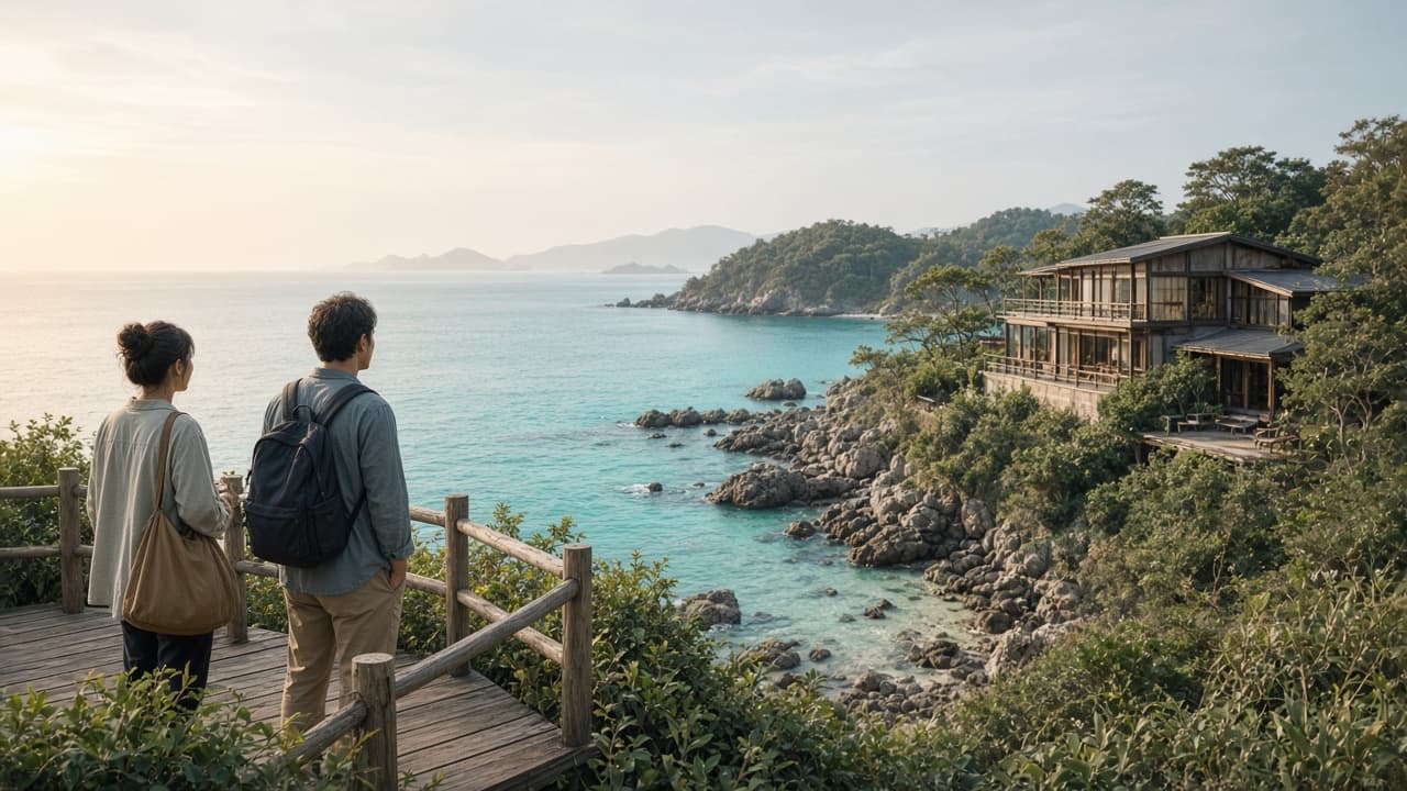 海を望むリゾートデッキで佇む旅行者
