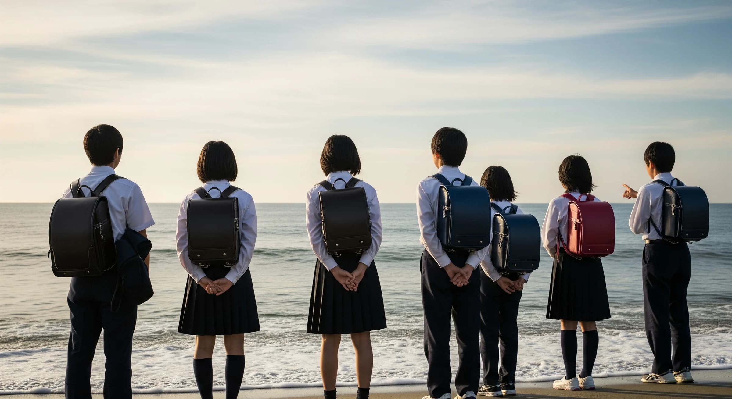 海辺にたたずむ子どもたちの後ろ姿